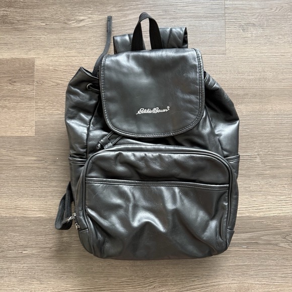 Eddie Bauer Handbags - Vintage Eddie Bauer Cowhide Leather Black Stitched Backpack Unisex EUC
